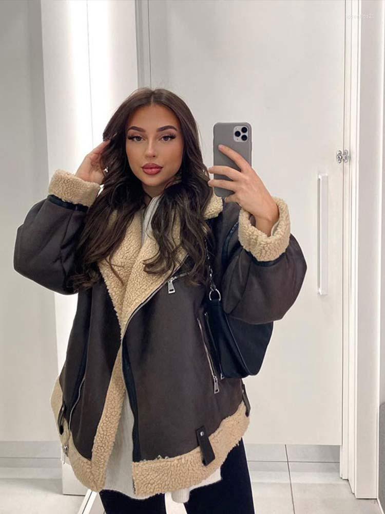 

Women's Jackets Fashion Leather Lamb Jacket Women Zippers Pockets Faux Fur Fleece Coat 2022 Winter Wool Thickened Locomotive Coats, Brown