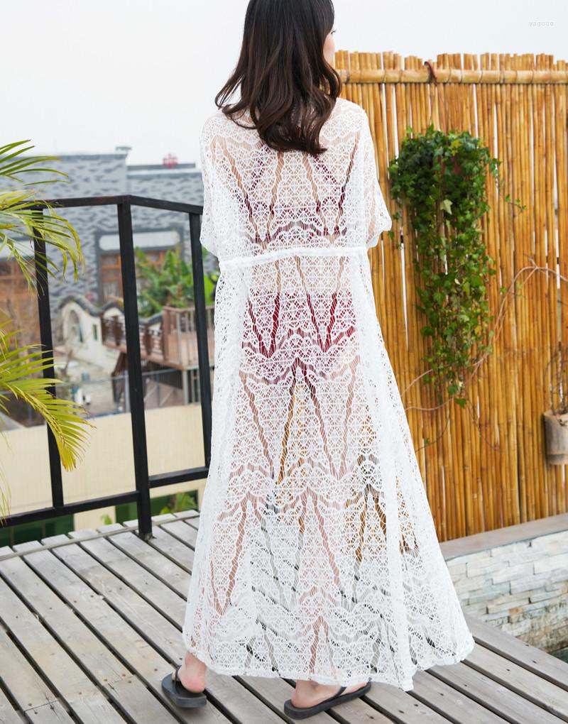

Women's Blouses 2022 Long Sleeve Maxi Lace Kimonos Women Sexy Hollow Out Beach Shirts Tops Cardigans, White