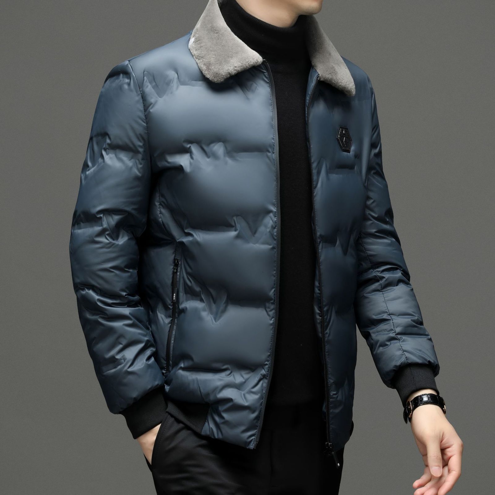 

Men's Down Parkas Autumn Winter Jacket Casual Solid Color Turn Fur Collar Windbreaker Coat Thick Warm Dad Large Size M 4XL 221207, Blue gray