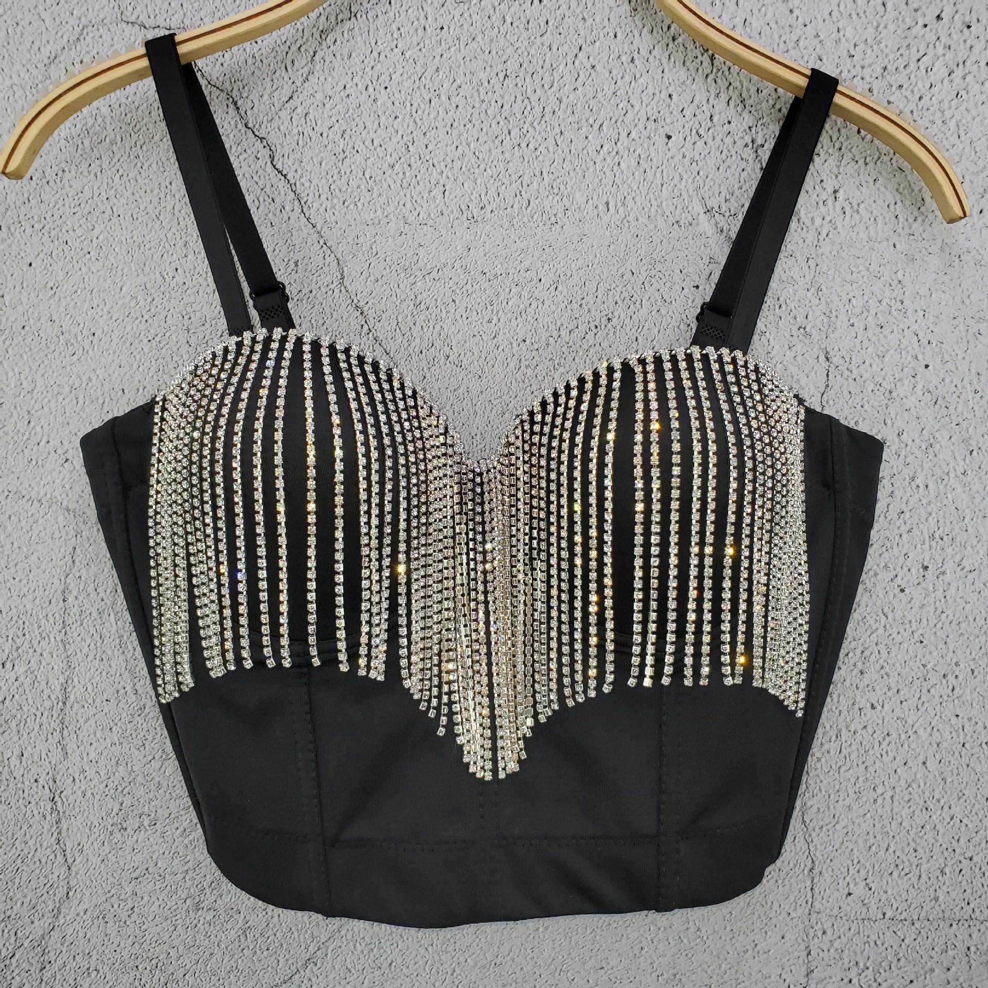

Diamond studded tassel chain slim open back small suspender vest design sense short heart machine thin top in summer, White