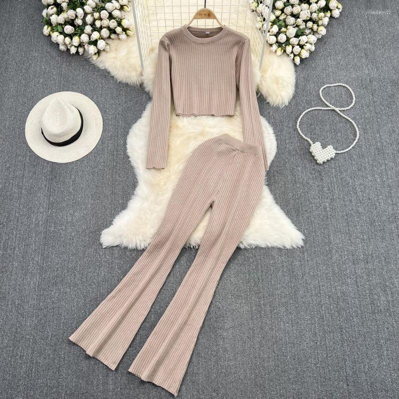 

Women's Two Piece Pants Fashion Suit Women Casual Long Sleeve Round Neck Short T-shirt High Waist Slim Knit Micro Speaker Two-piece Set, Black