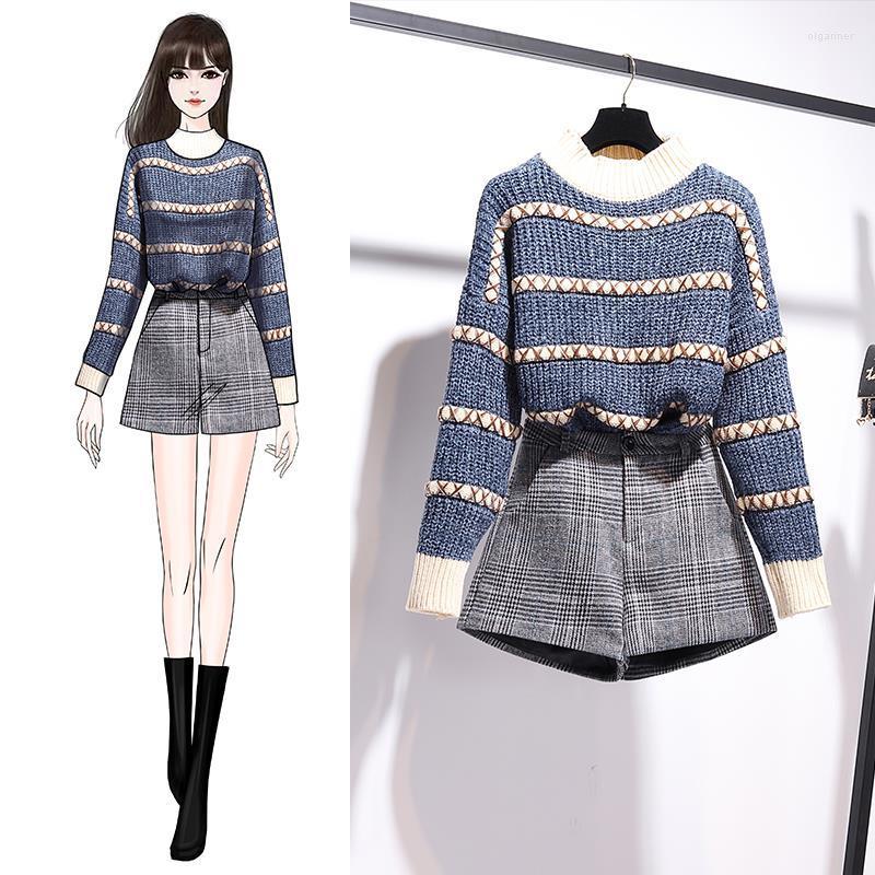 

Women' Tracksuits Women 2022 Autumn Winter Pullover Knitted Top 2pcs Sets Female Long Sleeve Sweater High Waist Plaid Shorts Two Piece B98, Blue