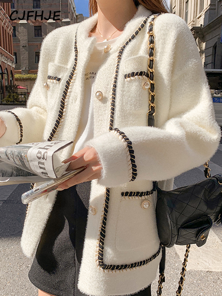 

Women  Knits Tees Lazy Style Korean Retro Black Loose O Neck Knitted Cardigan Coat White Mink Cashmere Sweater Women Autumn Winter 221206