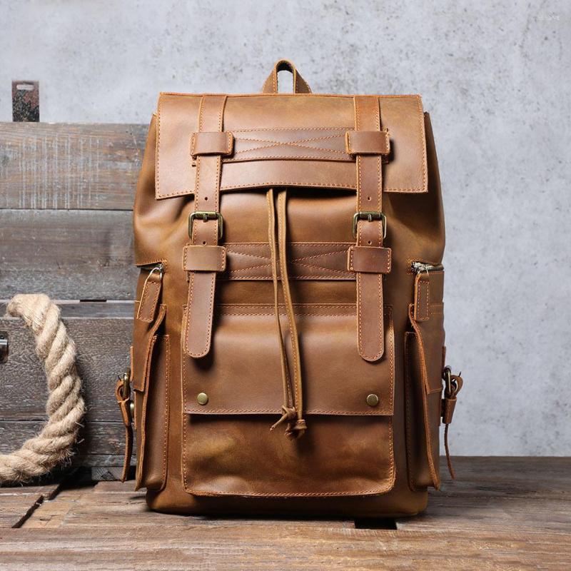 

Backpack Retro Genuine Leather Men's Large Capacity Laptop Bag School Male Shoulder Bags Brown Travel Backpacks, Dark brown