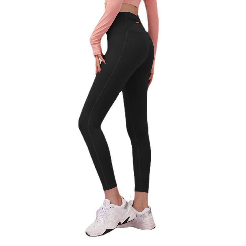 

High Waist Squat Proof Criss Cross V-Back Ankle Length Leggings Openwork yoga pants, Black