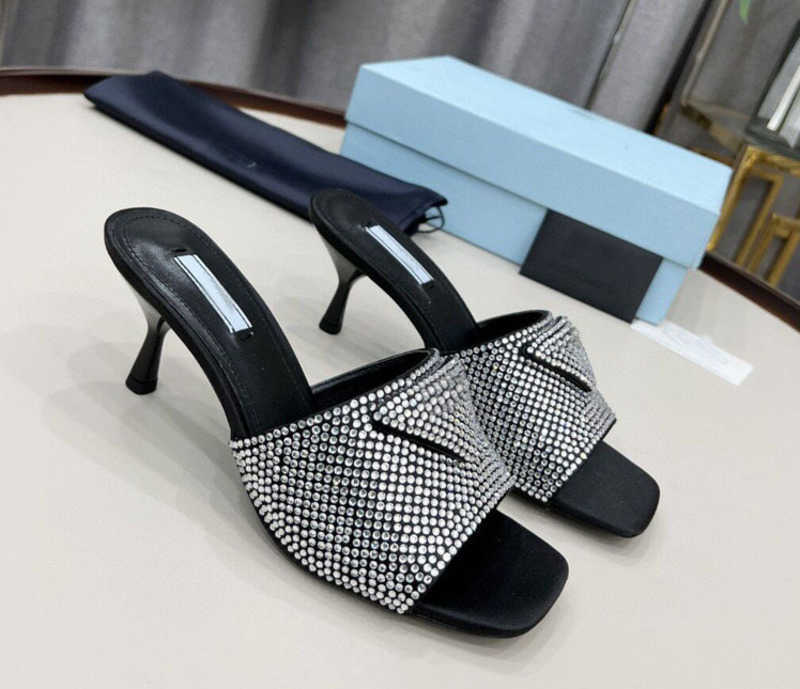 

Brand Sandals designer design Spring and summer 2022 new drill Triangle standard square head sexy simple high-heeled slippers women's shoes, Silver4