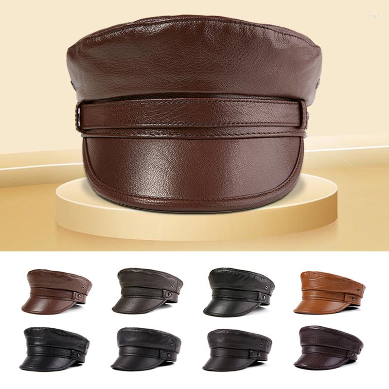 

Berets Winter Genuine Leather Cap Women Men Warm Army Military Hat Elegant Baseball Vintage Cowhide Mariner Sailor