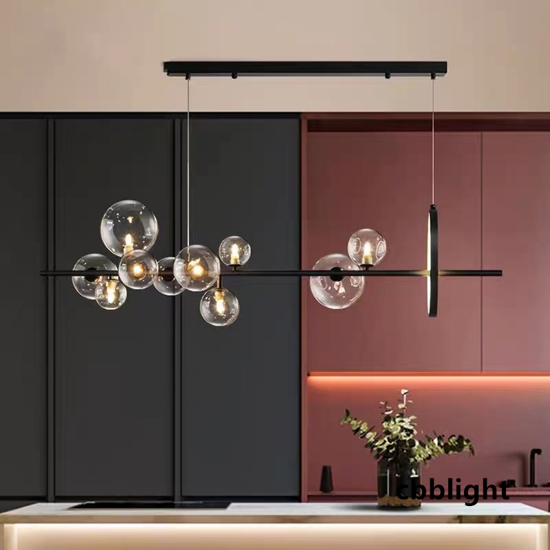 

Modern Dining Room LED Chandelier Restaurant Coffee Shop Clear Glass Ball Hanging Light Office Bar Deco Long Pendant Lamp Black Chandeliers LRG005