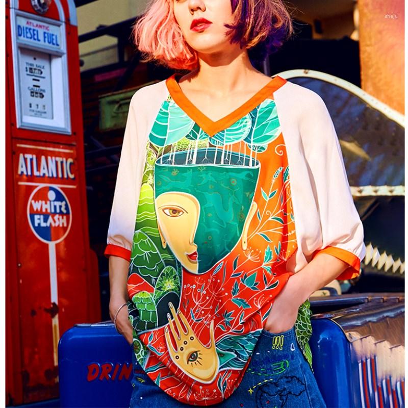 

Women's Blouses Harajuku Retro Printed Women Loose Casual Batwing Sleeve Maxi Shirt Street Wear Fashion Tops Feminino CC040, Multi