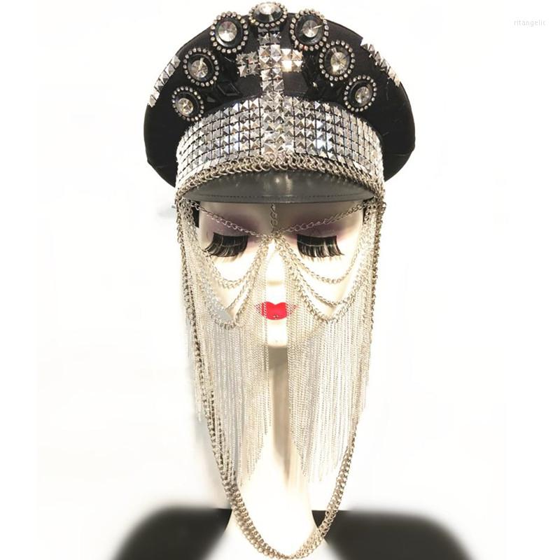 

Berets Military Hats Gold Silver River Beading Tassel Army Cap Women Singer Dancer Performance Accessories Bar Club Stage Headgear
