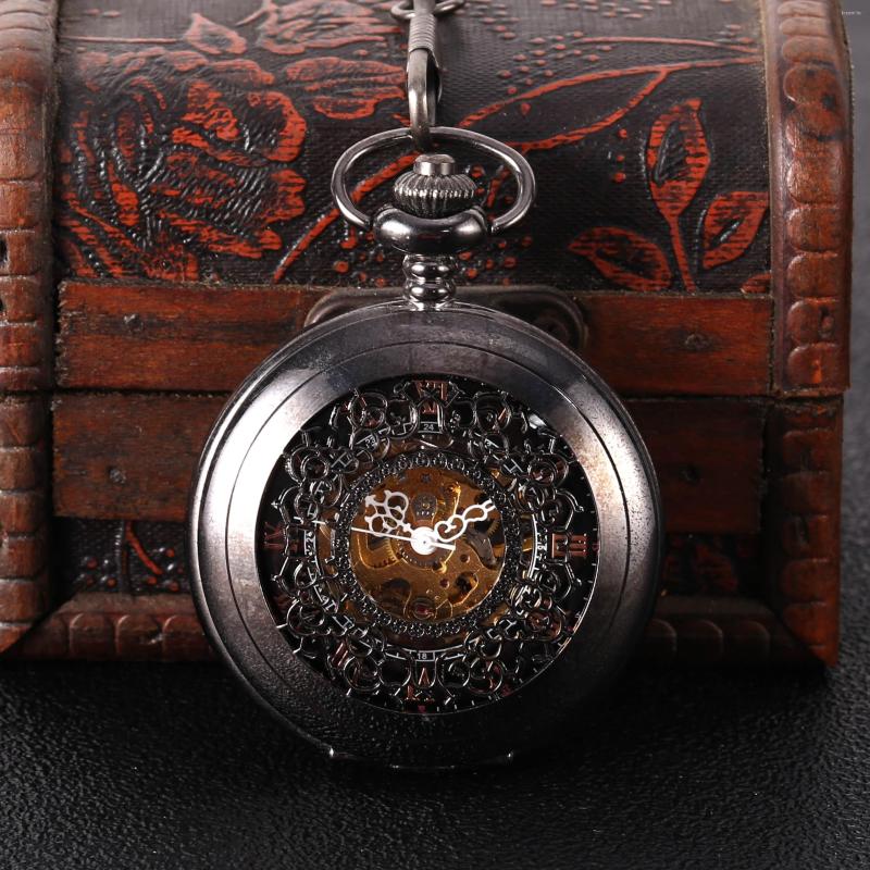 

Pocket Watches Black Openwork Carved Roman Scale Face Large Mechanical Watch Value Exquisite Flip