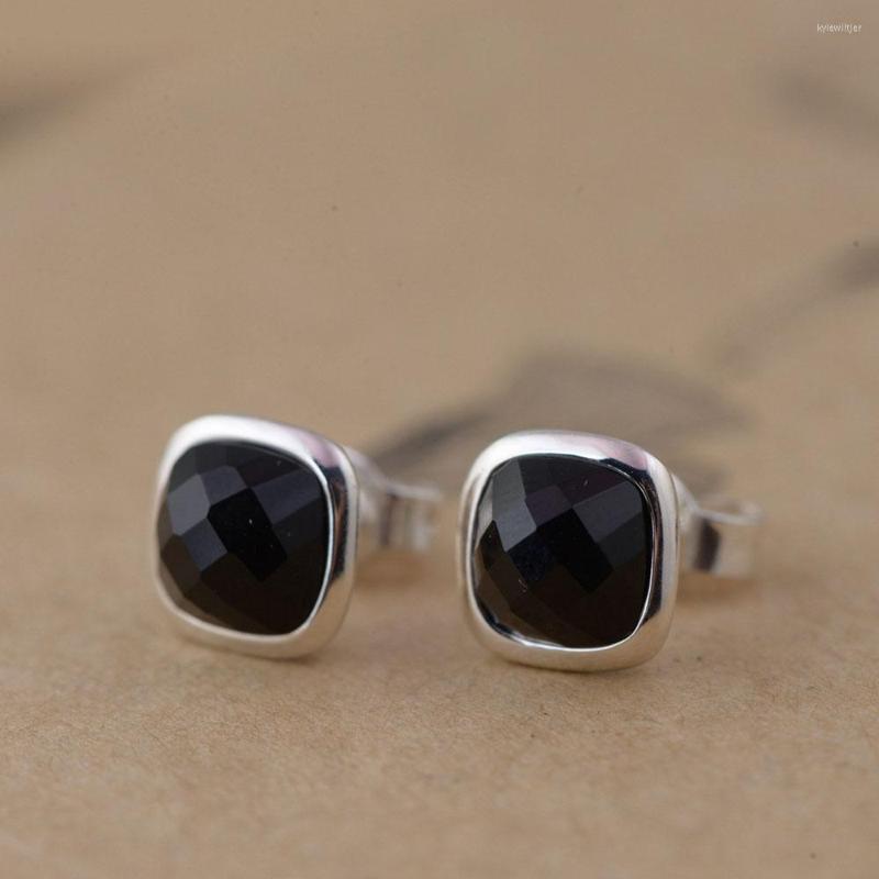 

Stud Earrings FNJ 925 Silver Square Black Agate For Women Jewelry Original Pure S925 Sterling Earring