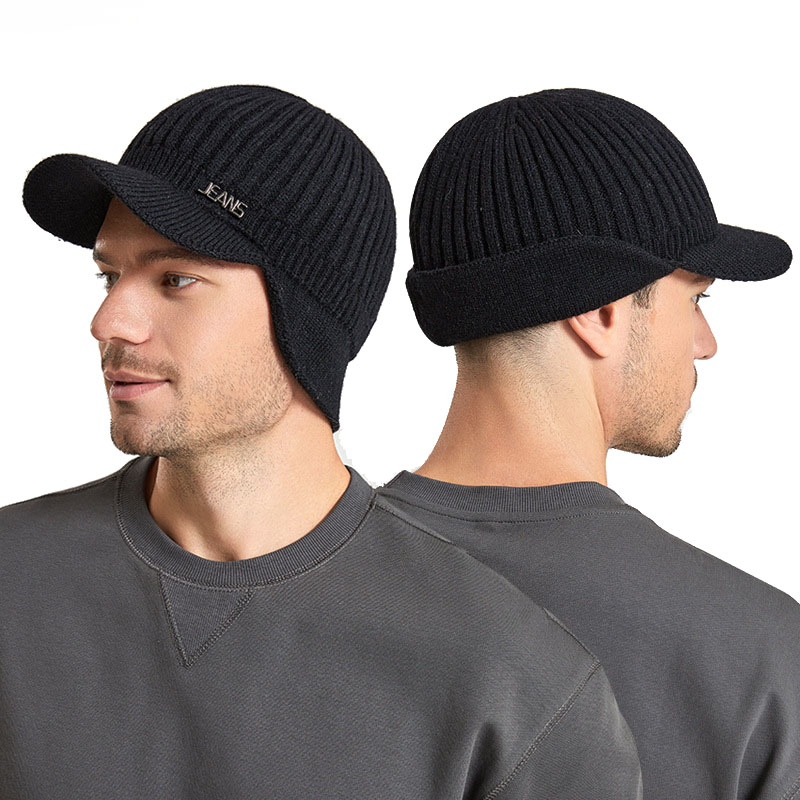 

Winter knitted wool hat tide version men pullover hat outdoor warm ear protection duck tongue baseball hats, Black