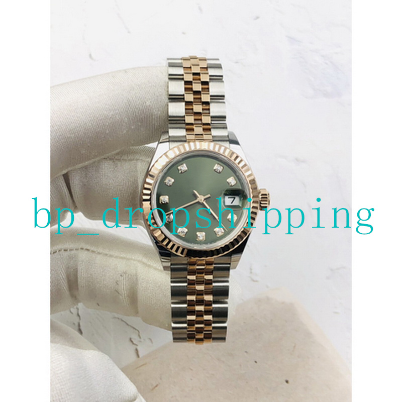 

Designer Lady Watch Diamond Time Scale 28mm Green Dial Two-tone Stainless Steel watchband Self-winding Automatic Mechanica Sapphire Perpetual Wristwatches, Add box