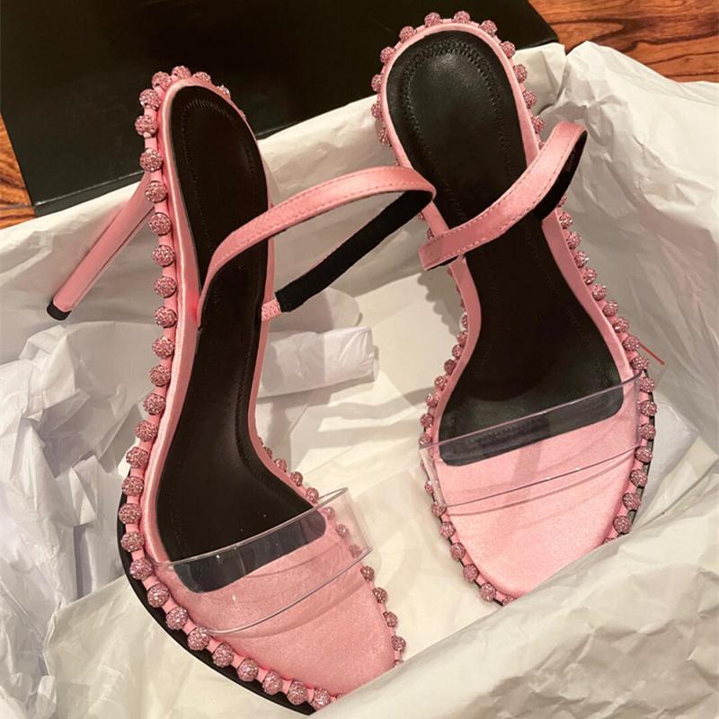 

Summer 2022 New Transparent Open Toe Word with Rhinestone Stiletto High Heel Sandals Women size  41, Pink rhinesto(10cm)