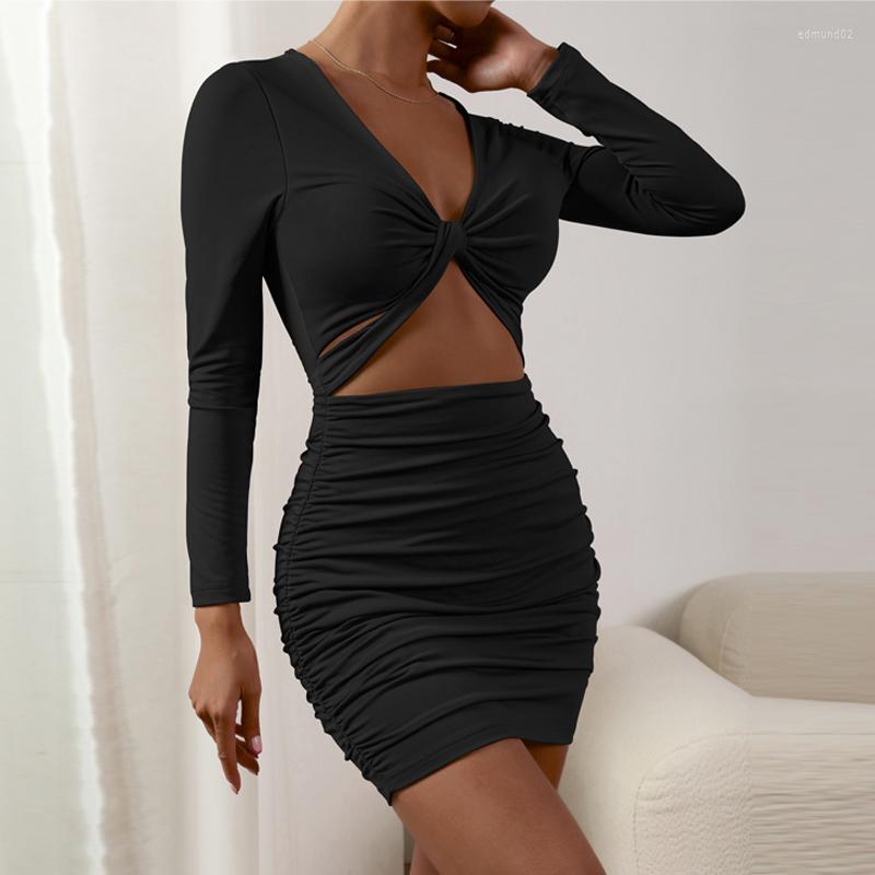 

Casual Dresses CY High Quality Sexy Black Hollow Out Mini Dress For Woman Robe 2022 Autumn Winter Full Seelve V Neck Bodycon Fleece