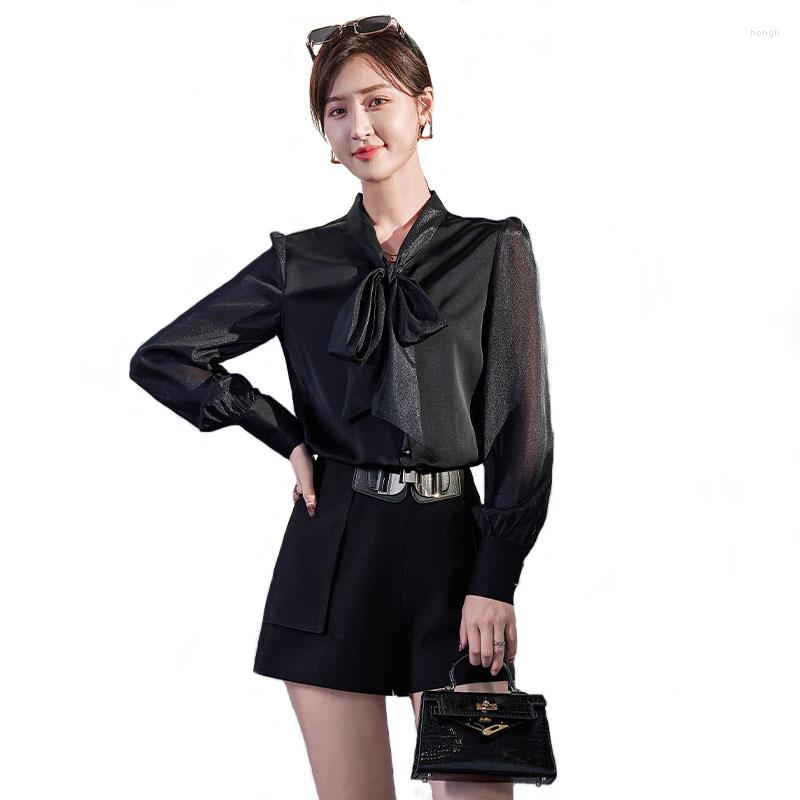 

Women' Blouses 2023 Trend Fashion Chiffon Blouse For Spring Women Long Sleeve Bow Tie Formal Wear White Black Shirt