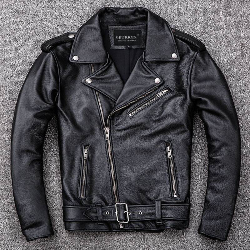 

Men's Leather Faux Spring Classical Motorcycle oblique zipper Jackets Men Natural Calf Skin Thick Slim Cowhide Moto man 221206, Cow leather