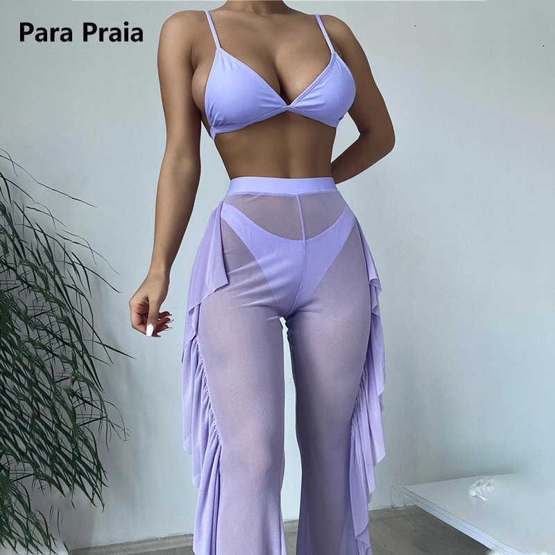 

Bras Sets Para Praia 2021 Solid Three Pieces Swimsuit with Ruffle Pants Mesh Swimwear Women Bikini Female Sexy Bathing Suit for Women T221206, White