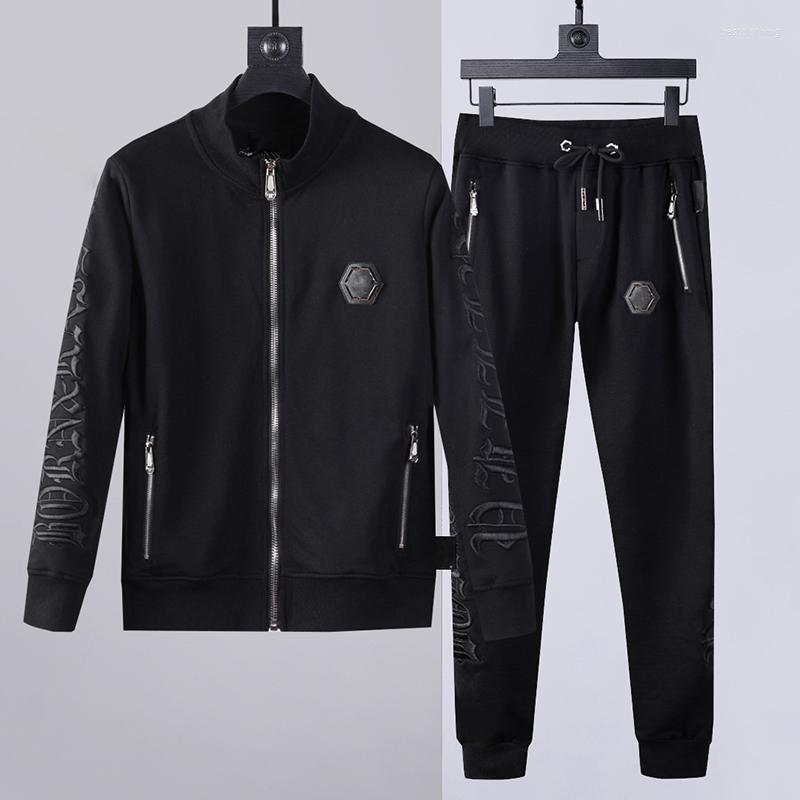

Men's Tracksuits Italian Men's Sweater Set Letter Embroidery Pants 2 Pieces Sportswear High Street Cardigan Moletom Masculino, Black