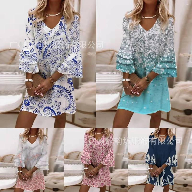 

Casual Dresses Women' Flower Printing Dress V Neck 3/4 Sleeve Ruffle Sundress Loose Swing Mini