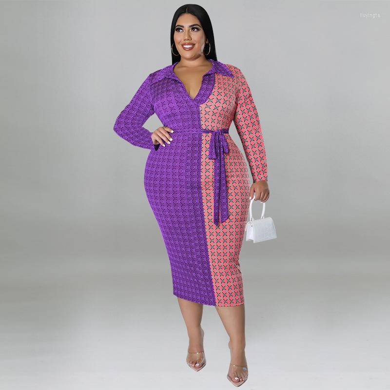 

Plus Size Dresses Print Color Patchwork Lady Skinny Dress Single Breasted Lace Up Bodycon Ankle Length Elegant Vestidos Outdoor Robes, Blue