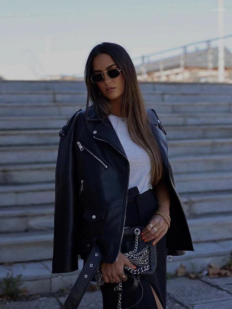 

Women's Leather ZACK RAIN Women Biker Style Imitation Oversize Jacket 2022 Fall Winter Ladies Faux Coat Vintage Female Outwear, Black