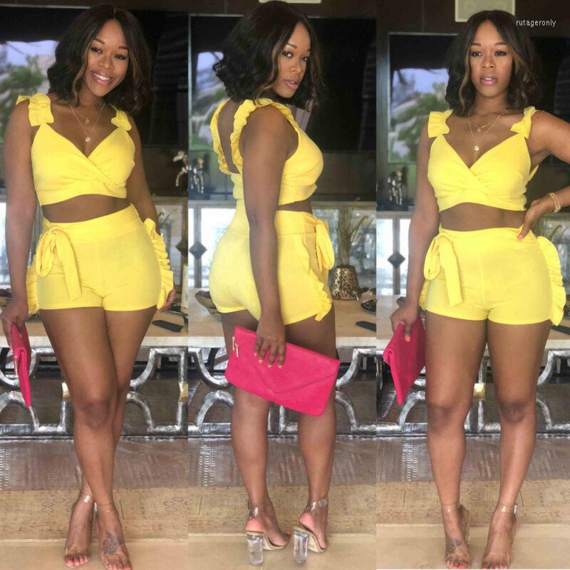 

Women's Tracksuits 2022 Two Piece Suit Summer Women Crop Tops High Waist Shorts 2pcs Ruffles Bow Outfits Ladies Yellow Slim Matching Clothes
