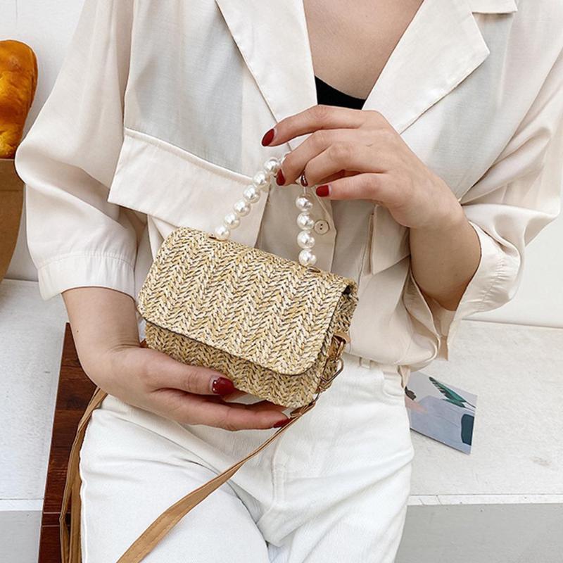 

Evening Bags Bohemia Fashion Hand Woven Square Bag Buckle Rattan Straw Pearl Solid Satchel Wind Beach Wicker Women Shoulder, Beige