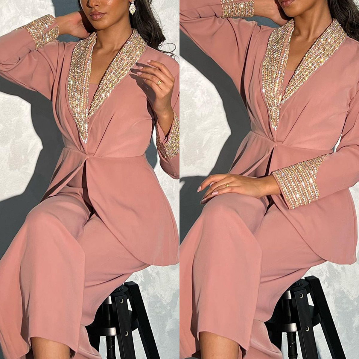 

Designer Gold Sequins Women Pants Suits Long Sleeve Top Straight Loose Blazer Sets High Streetwear 2 Pieces