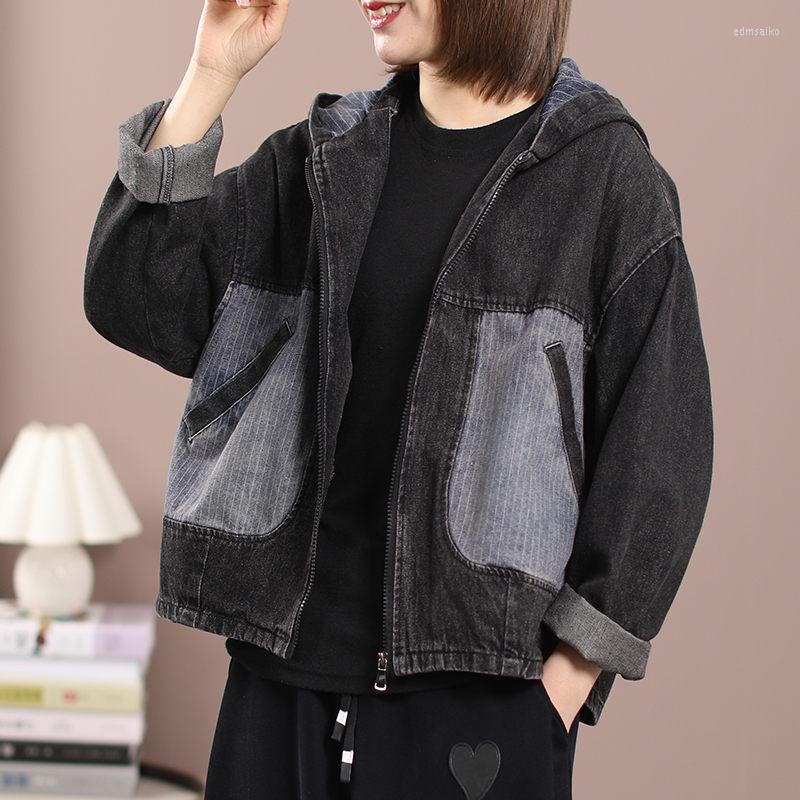 

Women's Jackets Retro Striped Stitching Hooded Denim Jacket Women Spring 2022 Large Size Loose Literary Long Sleeve Short Coat Chaqueta H146, Black