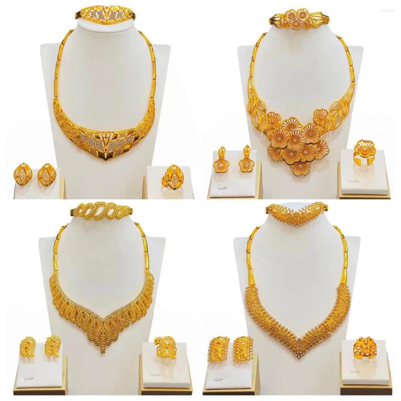 

Necklace Earrings Set African Dubai Rhinestone Jewellery Bridal 24K Gold Plated Earring Bracelet Rings Ethiopian Jewelry For Women, Picture shown