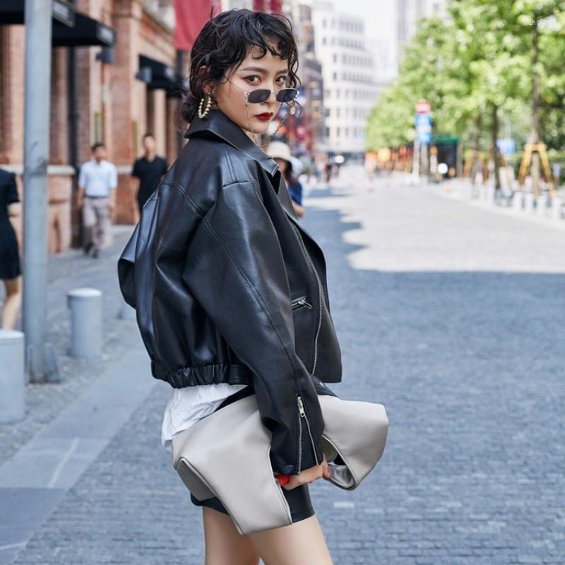 

Women' Leather Autumn Women Fashion Short Loose Fit Pu Jacket Boyfriend Style Motorcycle Windbreaker Coats Punk Casual Outerwear, Black