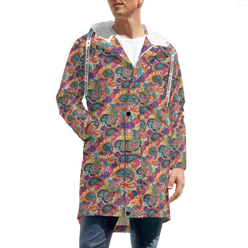 

Men' Trench Coats Multicolor Paisley Print Ethnic Floral Street Wear Winter Jackets Long Thick Warm Windbreakers Oversize Windproof Clothes, Style-2