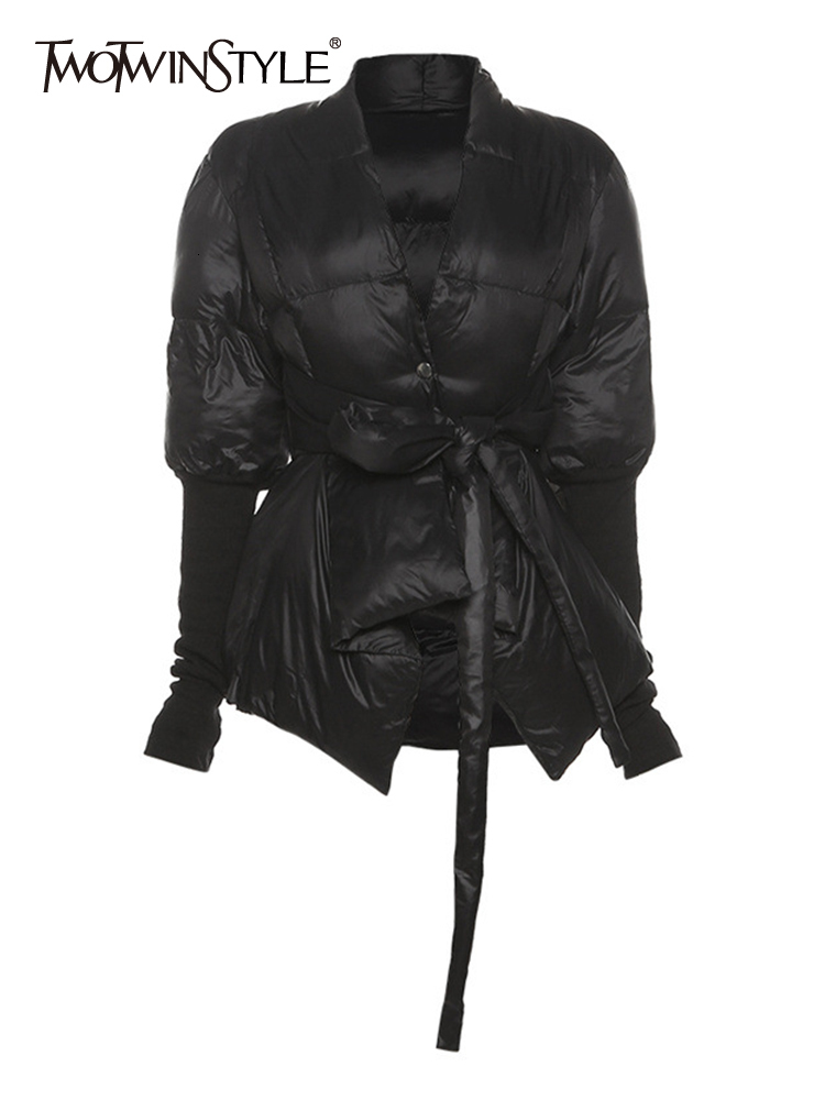 

Women  Down Parkas TWOTWINSTYLE Black Winter Coat For Women V Neck Long Sleeve Solid Straight Casual Cotton Coats Female Korean Fashion Clothes 221206