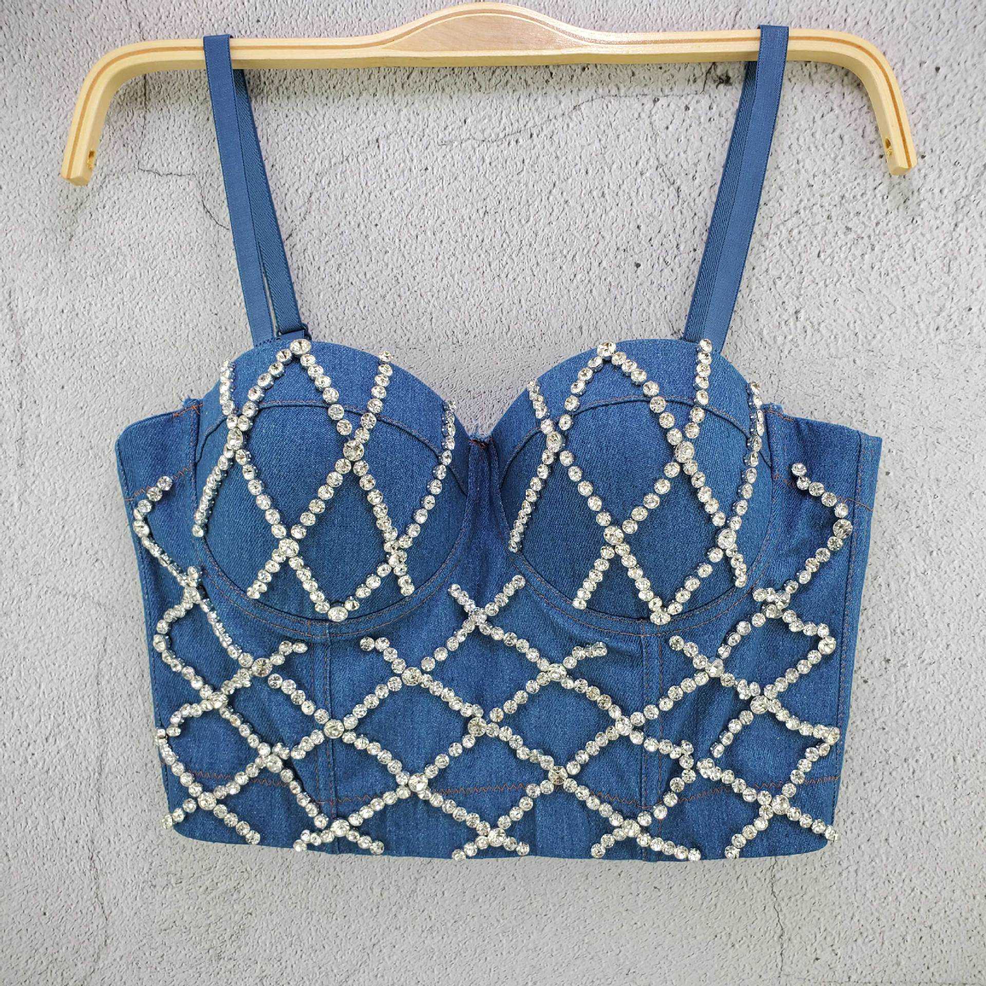 

versatile style shaping top women's spring and summer personalized travel rhinestone cowboy nail bead wrapped chest suspender vest, Blue2