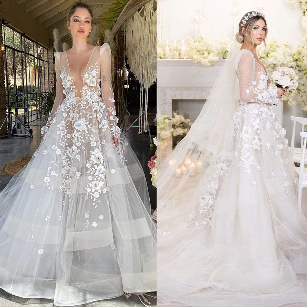 

Elegant A-Line Wedding Dresses Sexy Deep V Neck Appliques Lace Bridal Gowns Custom Made Long Sleeves Sweep Train Robe de Mariage, Champagne