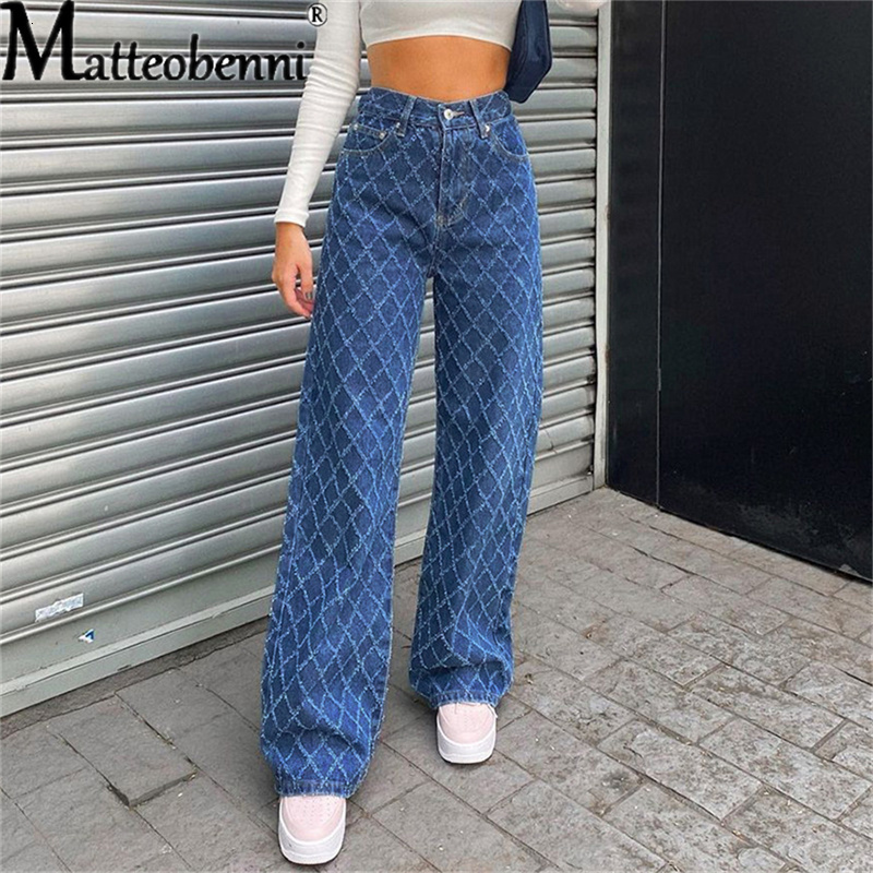 

Women  Jeans Women Fashion Diamond Lattice Print Loose Straight High Waist Casual Pants Ladies Streetwear Wide Leg Denim Trousers 221206, Blue