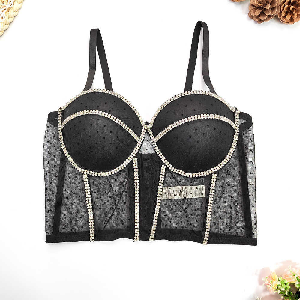 

Wave point lace sling Rhinestone chain nail bead fish bone top perspective mesh sexy bra girdle hot girl vest female, Black