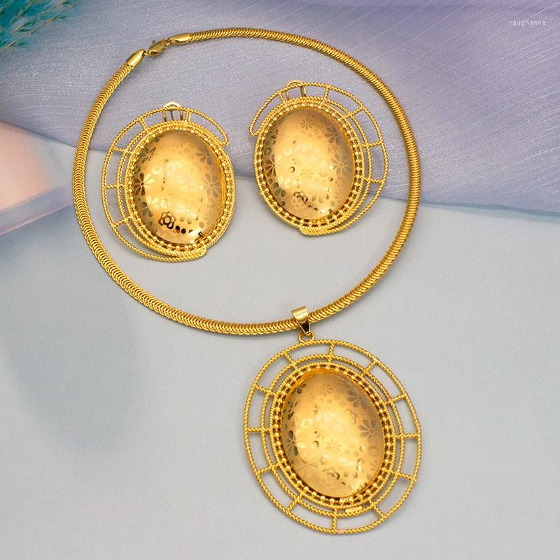 

Necklace Earrings Set Fashion Jewelry Flower Printed Oval Stud Pendant Sets 24K Gold Plated Copper Bridal Wedding For Party Gifts, Picture shown