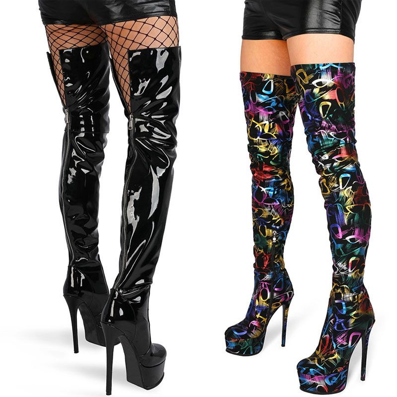 

2022 Women Thigh High Boots Sexy Exotic Pole Dancing Shoes Night Club Man Platform Fetish Botas For Cosplay 15CM/6 Inch Original Design Black Matt Leopard Big Size, Fuchsia back zip