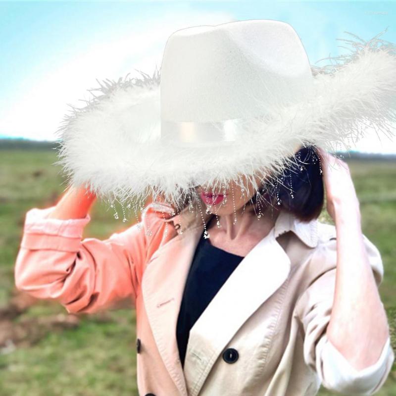 

Berets Cowboy Hat Creative Comfortable To Wear Wide Brim Shiny Dress Up Rhinestone Tassel Feather Western, White