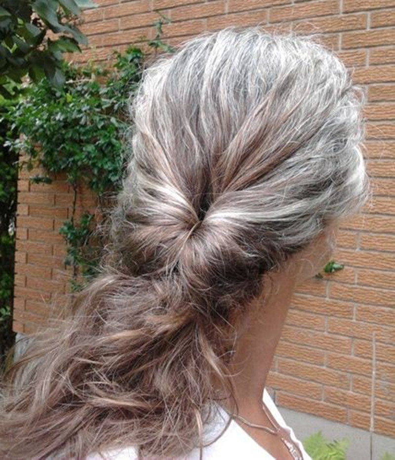 

Gray grey silver ashy salt and pepper hair ponytail human with loose french braids wraps pony tail hairpiece women extension 120g raw virgin natural highlights 120g