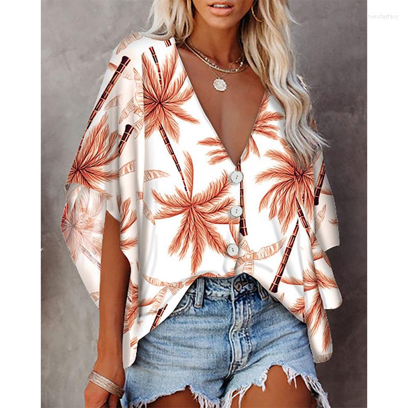 

Women's Blouses Spring And Summer Women's Chiffon V-neck Bat Sleeve Flare Sleeves Top Tie-dye Vintage Floral Print Shirt Lady Loose, 05