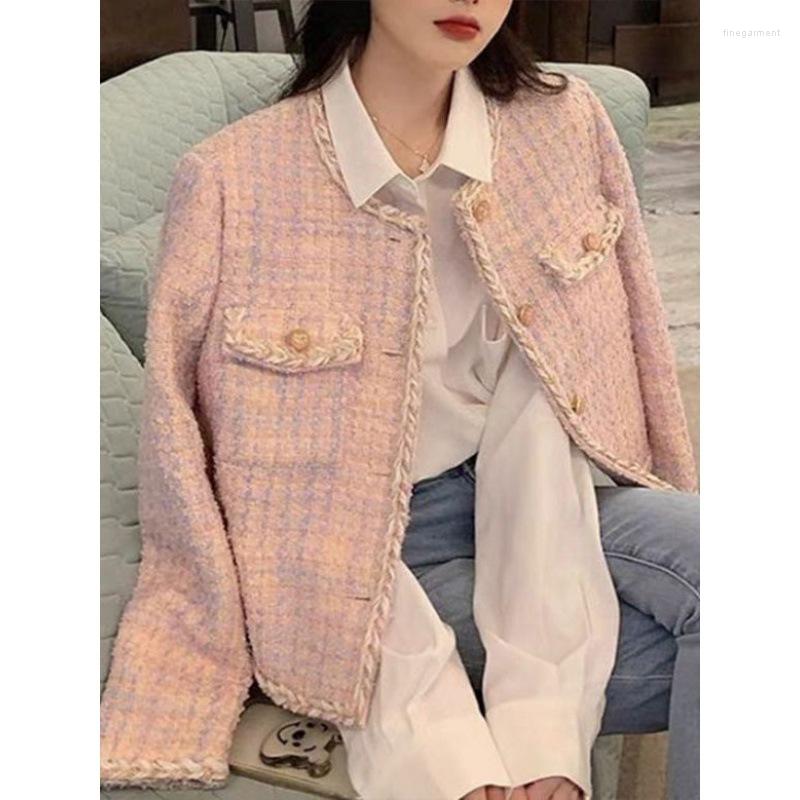 

Women' Two Piece Pants Pink Plaid Woven Stripe Small Fragrant Short Coat Women' Autumn Winter French Temperament Tweed Suit Women, Picture shown