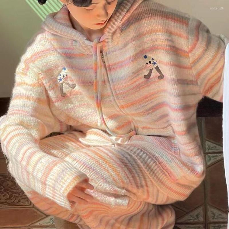 

Women' Two Piece Pants Women Clothing 2022 Autumn Winter Fashionable Soft Style Rainbow Striped Hooded Cardigan Set Sweater Loose Sweet