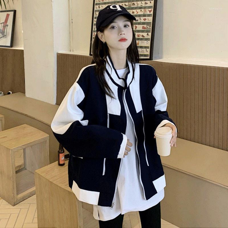 

Women' Jackets Baseball Jacket Women 2022 Patchwork Loose Coats Woman American Retro Button Long Sleeve Autumn Winter Korean Female Outwear, Navy