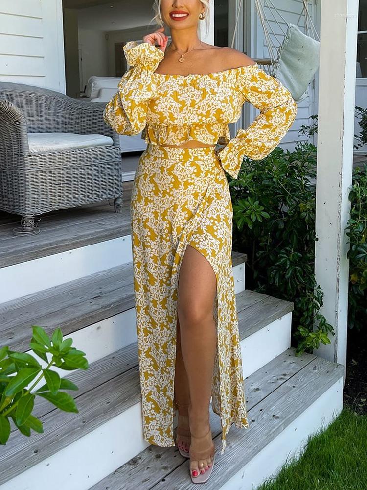 

Work Dresses Summer Clothes For Women 2022 Floral Print 2 Piece Sets Womens Outfits Off Shoulder Crop Top And Front Slit Wrap Maxi Skirt, Yellow