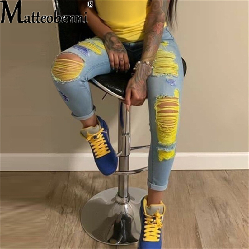 

Women  Jeans Yellow Print Ripped For Women Denim Pencil Pants High Waist Skinny Boyfriend Torn Jeggings Large Size Mom 221206, 901-2