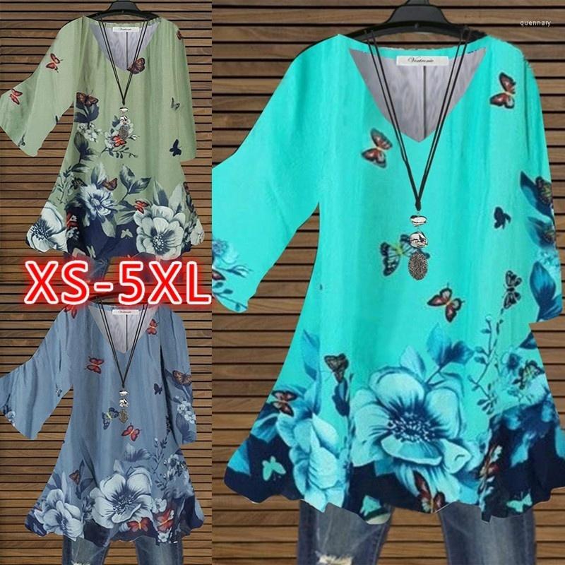 

Women' T Shirts 2022 Summer Women Clothing Printed Half Sleeve Tops Casual Loose Shirt Ladies V Neck Plus Size Blouse Xs-5Xl, Blue